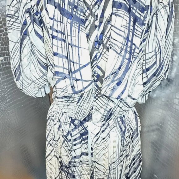 1970s Vintage Mignon Paris Chiffon Dress Women 10 Blue White Abstract Pattern - Picture 4 of 10
